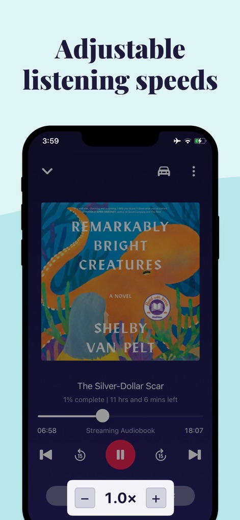 Chirp Audiobooks - Tailor your listening pace with easily adjustable speed controls, featuring a prominent '1.0x' indicator and clear plus/minus buttons for quick adjustments.