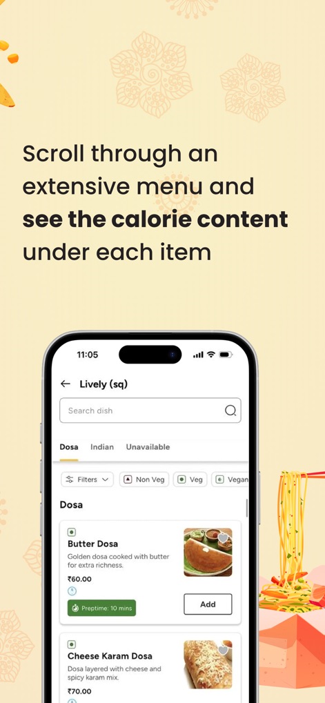 SmartQ - Food Ordering App - Os usuários podem navegar por um menu extenso, visualizando itens como 'Butter Dosa' e informações como o 'Preptime: 10 mins' para cada prato, facilitando a decisão.