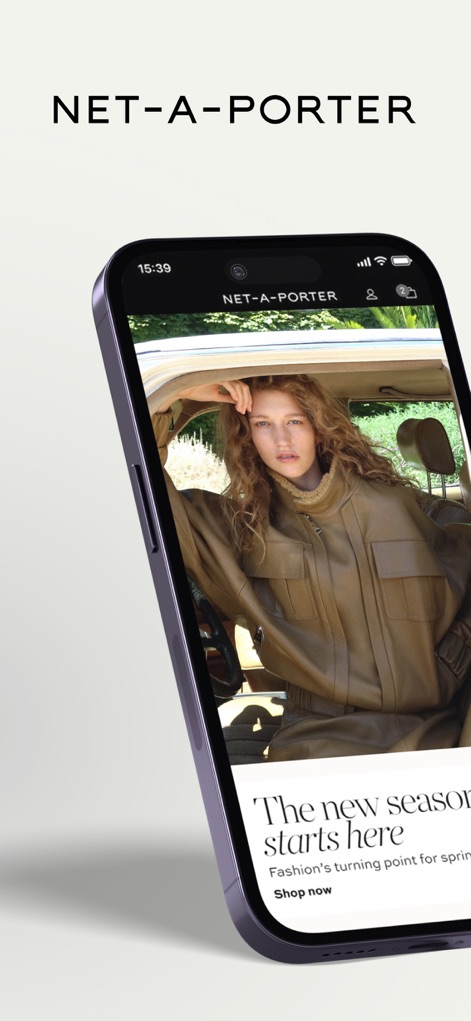 NET-A-PORTER: Luxury Fashion - La aplicación presenta una modelo en un sofisticado atuendo de lujo color beige, destacando la frase "The new season starts here" que anuncia las últimas tendencias.