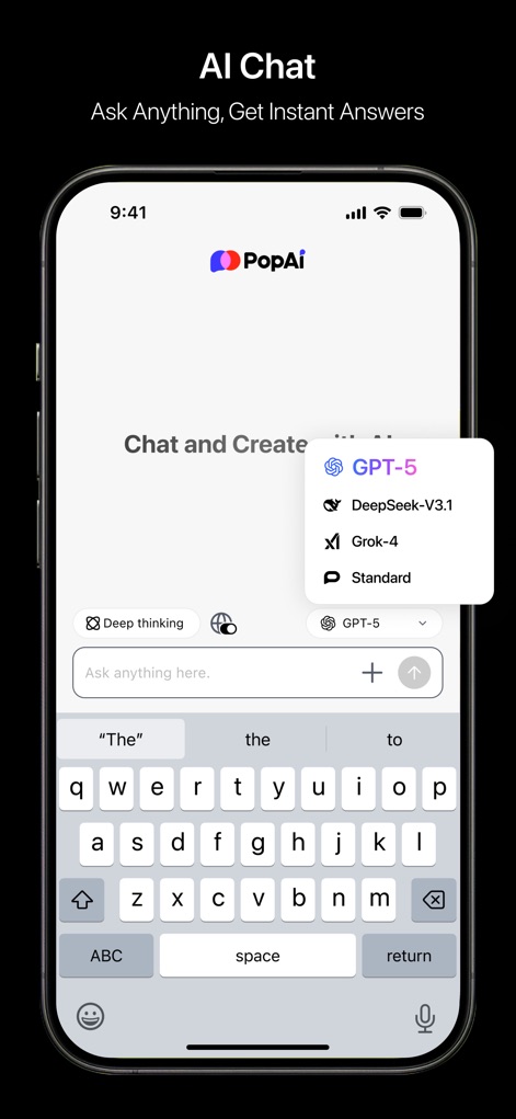 PopAi: AI Chat&Homework Helper - 이 도구는 사용자가 'GPT-5'와 같은 다양한 AI 모델을 선택하여 질문하고, '실시간 답변'을 즉시 받아 통찰력을 얻을 수 있도록 돕습니다.