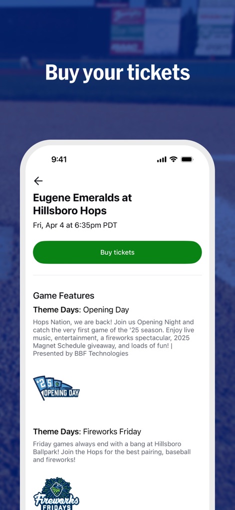 MiLB - The app simplifies the purchasing process with a prominent 'Buy tickets' option and detailed 'Game Features' including special theme nights and promotions.