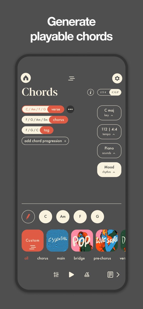 Demo: Songwriting Studio - The app provides a dynamic chord library, offering customizable chord progressions and diverse genre-based chord presets for instant inspiration.