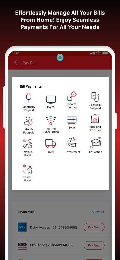 Smartcash PSB - Users can explore a comprehensive list of bill payment categories, from Electricity to Internet Subscriptions, complemented by a "Favourites" section for quick, repeated transactions.