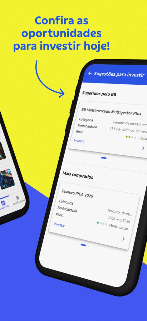 Investimentos BB Taxa Zero - O aplicativo apresenta sugestões de investimento organizadas por categorias, como o "BB Multimercado Multigestor Plus" e o "Tesouro IPCA 2029", exibindo seus respectivos riscos e rentabilidades.