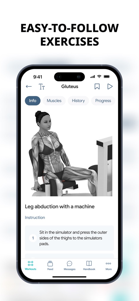 Fitness App: Gym Workout Plan - Jede Übung, wie die Beinabduktion am Gerät, wird mit einem realistischen 3D-Modell und präzisen Schritt-für-Schritt-Anweisungen visualisiert, um die korrekte Ausführung zu gewährleisten.