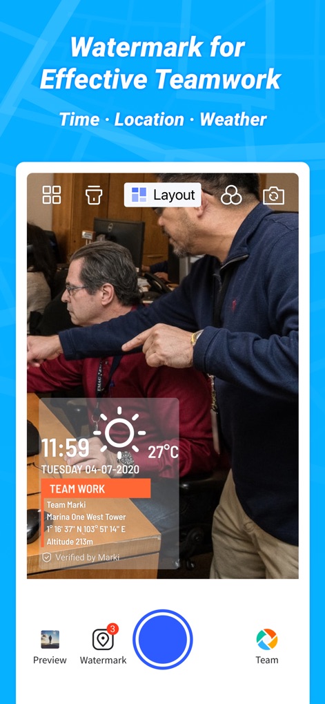 Marki: timestamp & GPS camera - Observe how Marki documents team activities, displaying a prominent "TEAM WORK" watermark alongside critical weather information (27°C and sun icon).