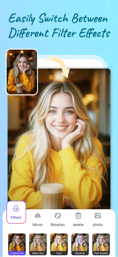 AI Photo Editor: Collage Maker - La aplicación permite transformar las fotos sin esfuerzo, como se muestra con la flecha de transición que indica el cambio de efectos, y ofrece una gama de opciones de filtros predefinidos, incluyendo "Warm Sun" y "Cool".
