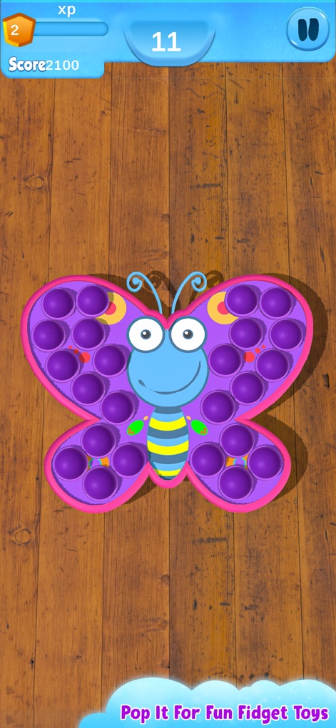 Fidget Toys 3D - Pop It Game - Experience the delightful sensation of popping a cheerful butterfly toy, accompanied by a clear score counter and pause button at the top.