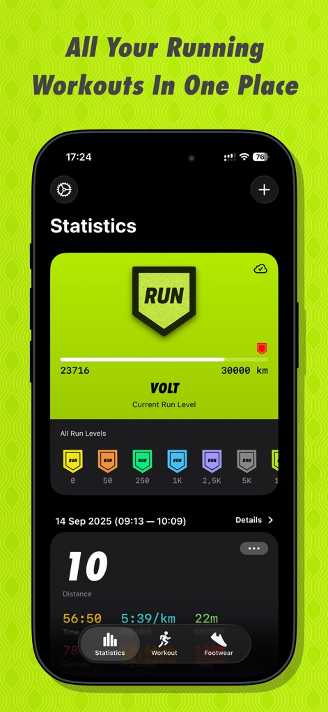 RUN — Running Club & Tracker - Discover how the app aggregates all running workouts and displays progress towards run levels, alongside detailed metrics for individual runs like distance and pace.