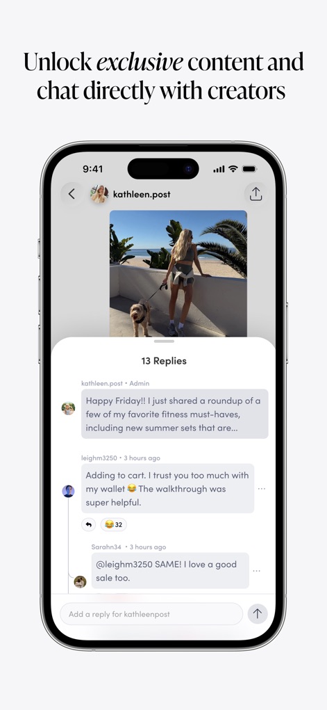 LTK: Shop Trusted Recs - Die App fördert die direkte Interaktion, indem sie Nutzern den offenen Kommentarbereich mit mehreren Antworten präsentiert und gleichzeitig das Originalbild des Creators im Hintergrund des Chats sichtbar lässt.