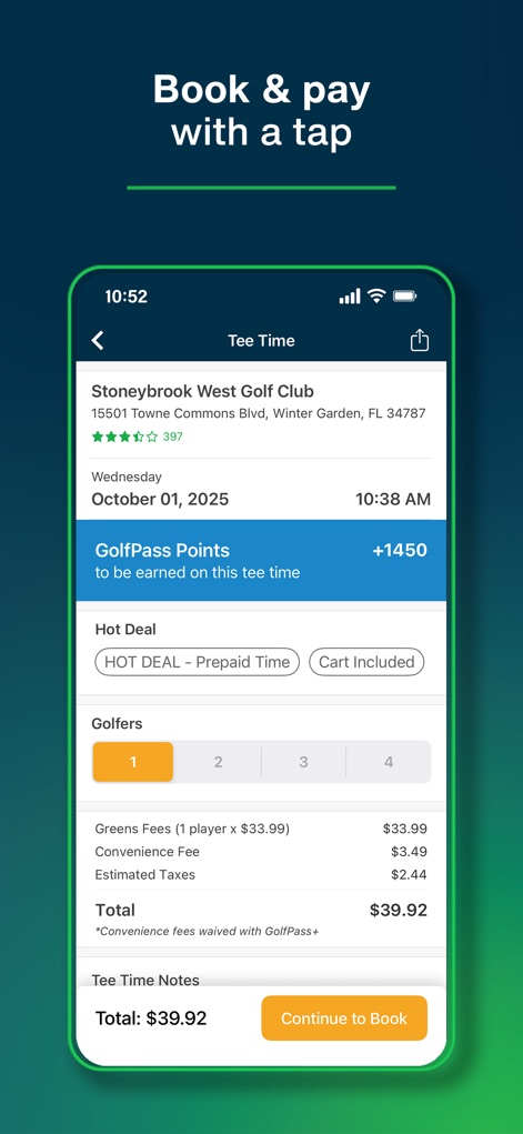 GolfNow Book TeeTimes Golf GPS - The app offers a transparent booking summary, detailing all fees and "GolfPass Points" accumulation, allowing users to confirm their round with a single tap.