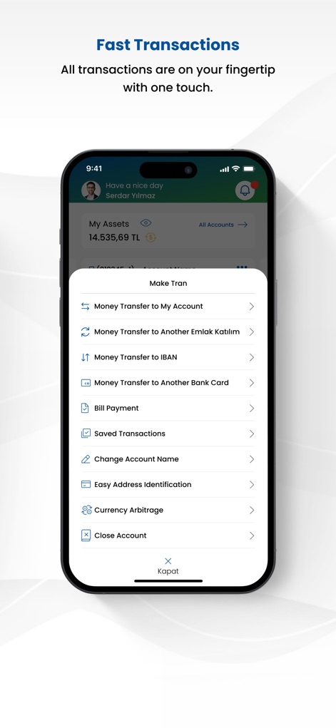 Emlak Katılım Mobile - Users experience a unified dashboard with 'My Assets' overview and a clear 'Make Tran' menu, consolidating diverse banking operations like money transfers and bill payments into one accessible location.