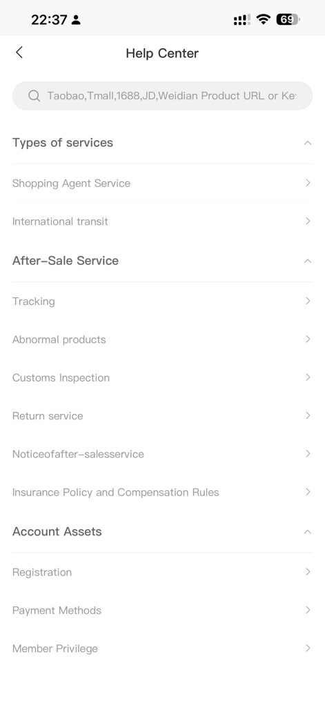 KakoBuy - The app provides a robust "Help Center" where users can search for product URLs from major platforms and access detailed guidance under "Types of services" and "Account Assets".