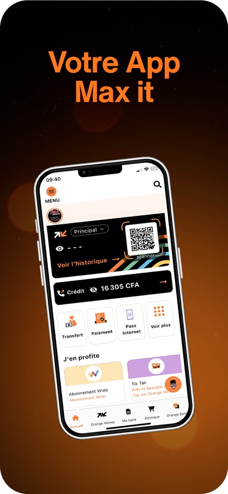 Orange Max it Sénégal - The app offers a comprehensive dashboard, centralizing essential services like the 'Principal' account view and a convenient QR code scanner for quick transactions.