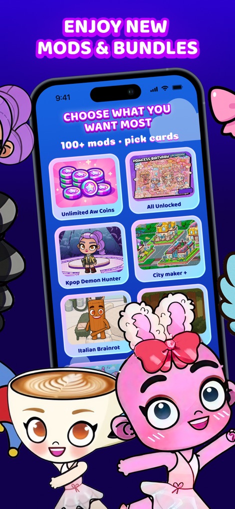 Avatar World - Cute Life Mods - This tool presents a variety of creative concepts for gameplay enhancements, ranging from ideas for 'Unlimited Aw Coins' to thematic 'Kpop Demon Hunter' inspiration.