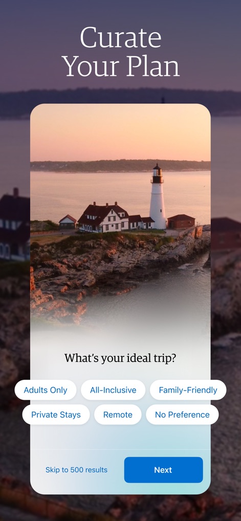 Amex Travel - Users can define their ideal trip by selecting from various preference tags such as "Adults Only" and "Family-Friendly," guiding the app to provide relevant results before proceeding with "Next".