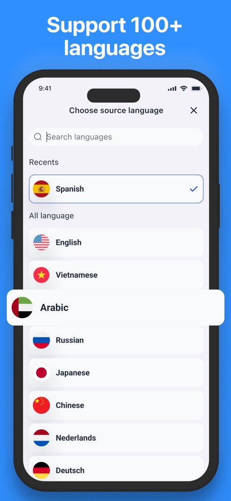 EZ Screen Translator - Examine the app's comprehensive language selection interface, showcasing support for over 100 languages with options like Spanish and Arabic clearly listed and searchable.