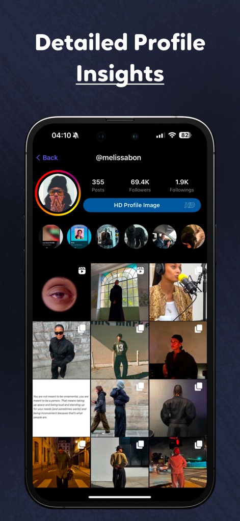 Postegro Tracker for Instagram - The app delivers rich profile insights, presenting a user's post grid and an option to view their 'HD Profile Image' for enhanced detail.