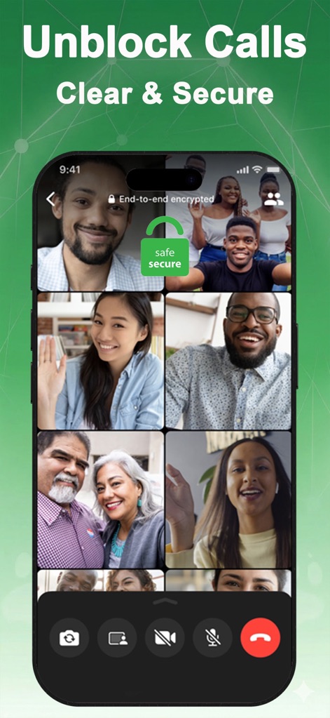 Panda VPN: Stream & Game Fast - A imagem exibe uma interface de chamada de vídeo com vários participantes e um ícone de cadeado "safe secure", garantindo "End-to-end encrypted" e "Clear & Secure" comunicações.