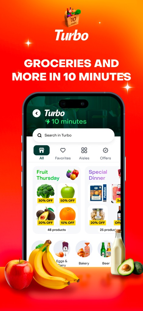 Rappi - Deliveries in Minutes - Observe the streamlined "Turbo" interface, highlighting instant grocery deliveries with clear discount tags like "30% OFF" and product categories such as "Fruit" and "Eggs & Dairy".