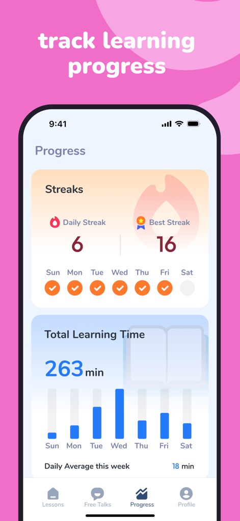 YayTalk: Learn & Speak English - Dieses Tool zeigt eine detaillierte Übersicht des Lernfortschritts, inklusive der "Daily Streak" und der "Total Learning Time", um die Motivation der Nutzer aufrechtzuerhalten und den Lernerfolg sichtbar zu machen.
