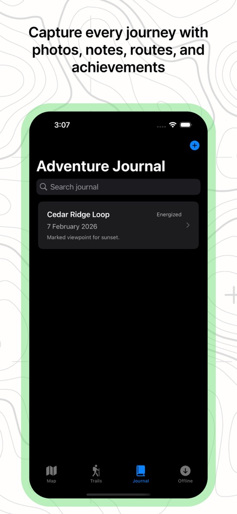 Offline RouteMap 3D - The app includes a 'Personal Adventure Journal', allowing users to document journeys with an organized search bar and detailed entries like 'Cedar Ridge Loop' with notes.