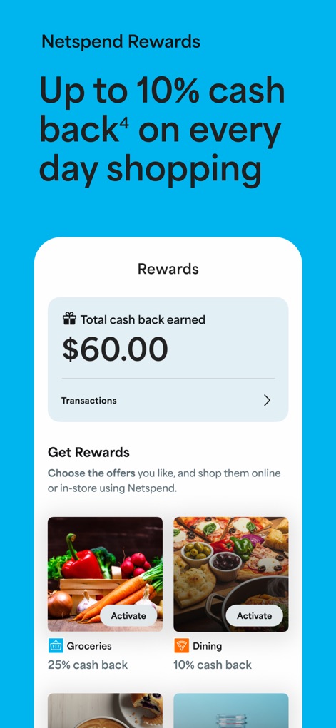 Netspend - 이 앱은 사용자가 총 적립한 캐시백 금액($60.00)을 명확히 보여주며, 식료품 구매 시 25% 캐시백과 같은 맞춤형 보상 혜택을 제공하여 지출을 절약하도록 돕습니다.