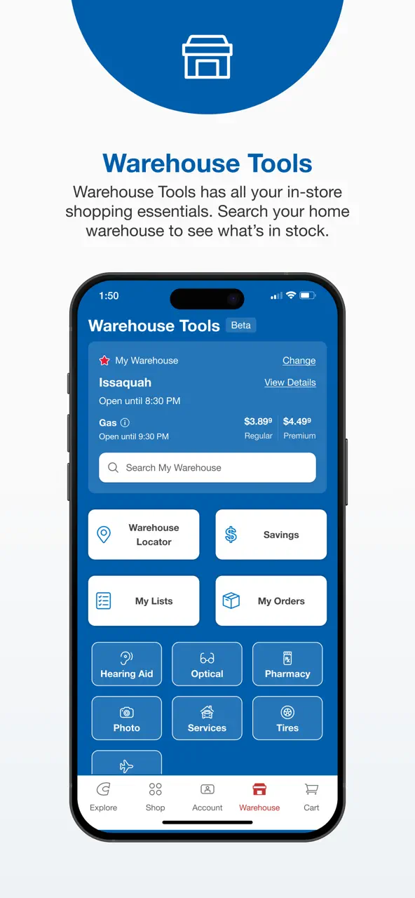 Costco app interface showing Warehouse Tools with gas prices and service shortcuts