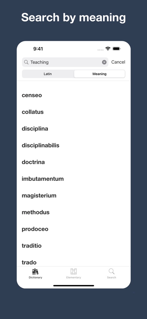 Latin Dictionary Lewis & Short - Esta funcionalidade permite buscar palavras por seu significado, como demonstrado na pesquisa por 'Teaching', e oferece a opção de alternar entre busca por 'Latin' ou 'Meaning'.