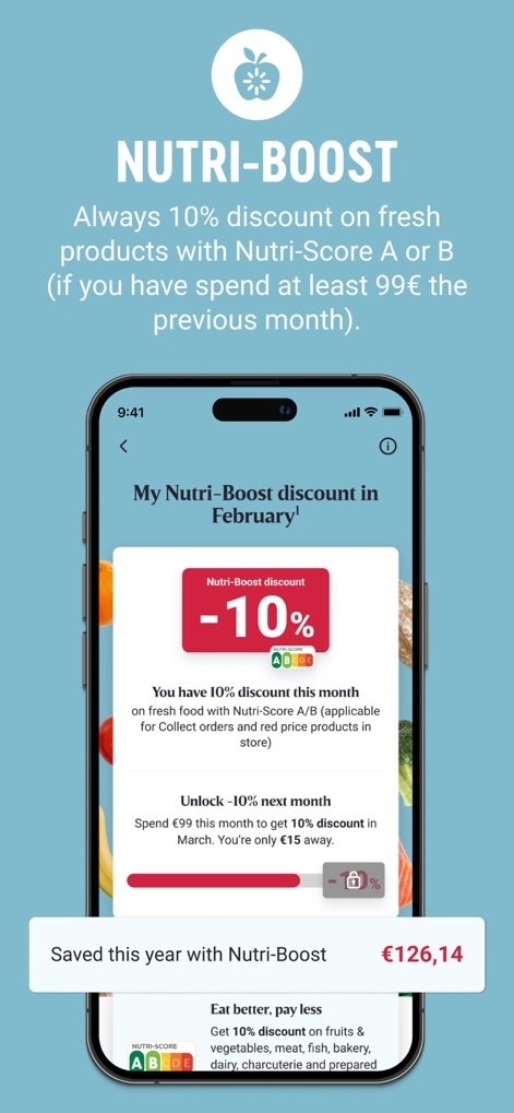 My Delhaize - The app clearly displays the user's current "Nutri-Boost discount" percentage and the impressive "€126,14" saved this year.