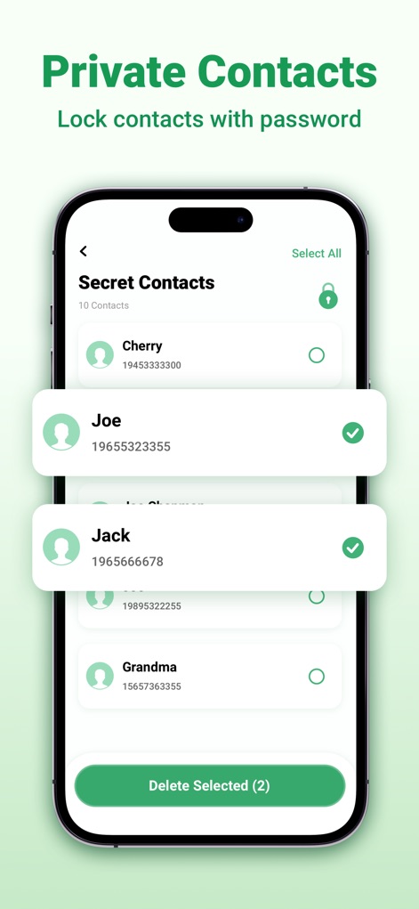 Smart Cleaner - Pro Security - The app allows users to secure their sensitive contacts in a private list, offering selection and deletion options for full control.