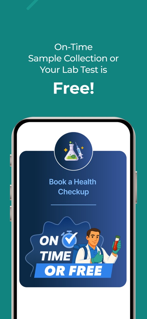 PharmEasy - Healthcare App - Explore the app's unique "On-Time Sample Collection or Your Lab Test is Free!" promise and the clear pathway to "Book a Health Checkup" with professional assurance.