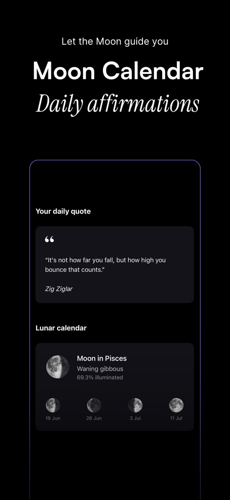 Orion – Horoscope & Tarot - La pantalla final muestra el calendario lunar, ofreciendo una cita motivacional diaria en la parte superior y el calendario de fases lunares que guían a los usuarios a través del ciclo de la luna.