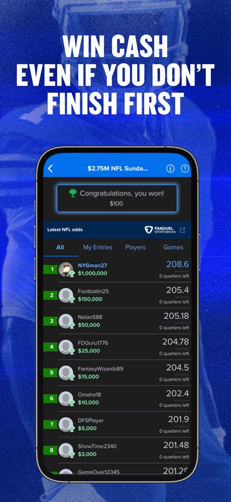 FanDuel Fantasy Sports - The app presents a dynamic contest leaderboard where users can monitor their player ranks and see the associated cash prize amounts, alongside live score columns for tracking performance.