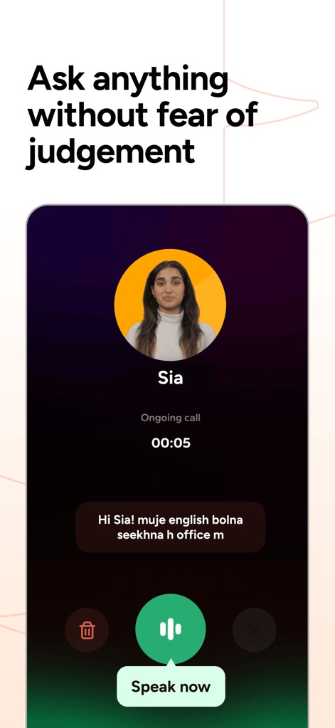 SpeakX: English Speaking App - The app offers real-time conversational practice, allowing users to engage with the AI teacher through the real-time conversation interface and utilize the 'Speak now' function for uninhibited speaking.