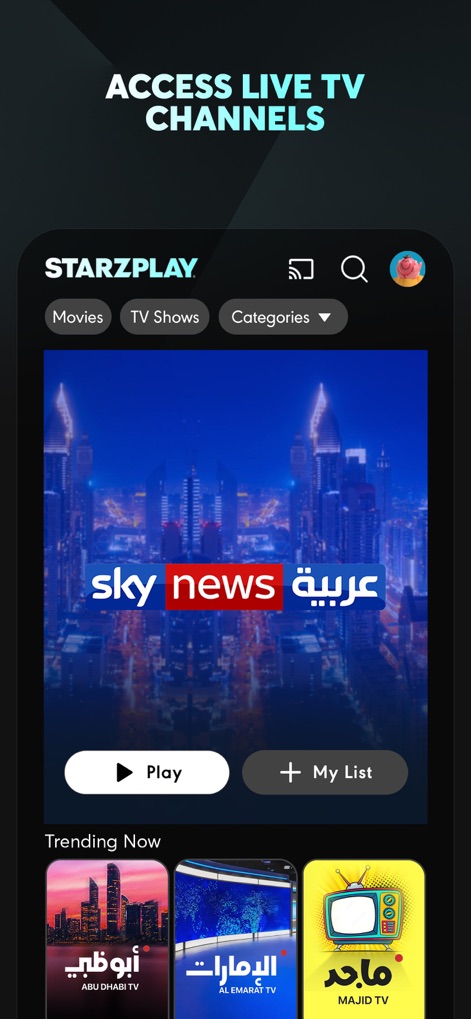 STARZPLAY ستارزبلاي - 이 앱은 Sky News Arabia와 같은 라이브 TV 채널에 대한 접근성을 제공하며, 사용자는 Abu Dhabi TV를 포함한 다양한 지역 채널을 실시간으로 즐길 수 있습니다.