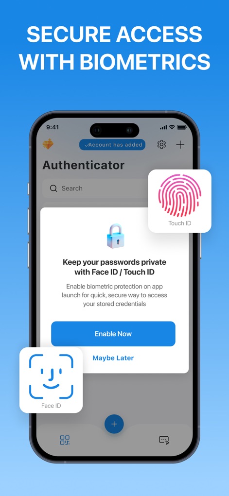 BlazeAuth - MFA Authenticator - La aplicación mejora la seguridad con opciones de acceso biométrico, como se muestra en la ventana emergente que invita a habilitar la protección con 'Face ID / Touch ID', respaldado por los iconos flotantes que representan ambas tecnologías de autenticación.