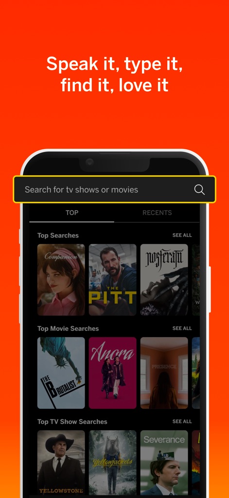VIZIO | WatchFree+ - Les utilisateurs accèdent à une recherche universelle rapide, affichant des résultats organisés en catégories claires pour les films et les émissions de télévision.