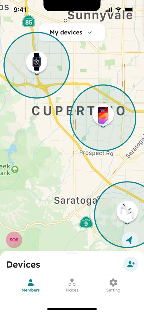 Phone Number Tracker: Location - Users can effortlessly monitor multiple connected devices, visualizing their distinct locations on the map and identifying potential safe zones with the circular overlays.