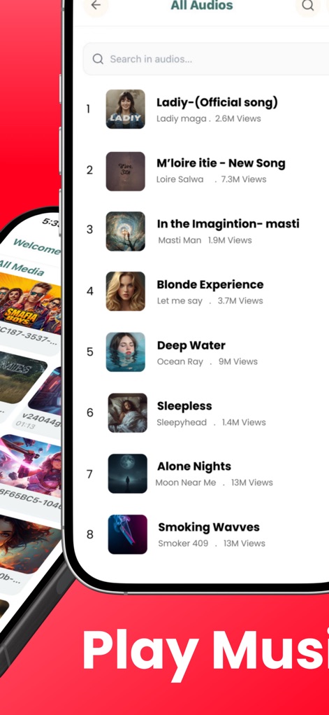 Tubidy FM : Music, Song Player - This tool presents a clean audio library interface, allowing users to quickly navigate through various song titles and view associated artist names.