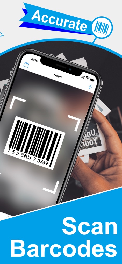 QR Code Reader/QR Scanner App - La herramienta permite el escaneo preciso de códigos de barras, como se observa en el ejemplo de un código UPC, y refuerza su 'Precisión' con un ícono de lupa y código de barras en la cinta superior.