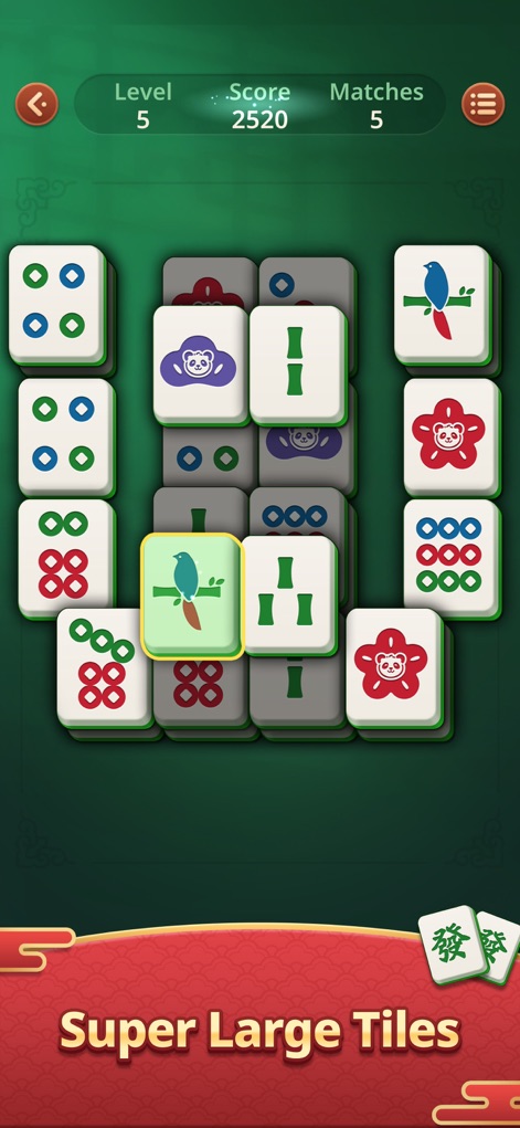 Mahjong Epic: Classic Game - Discover the enhanced playability provided by the 'Super Large Tiles' and their simple, easily distinguishable patterns for effortless matching.