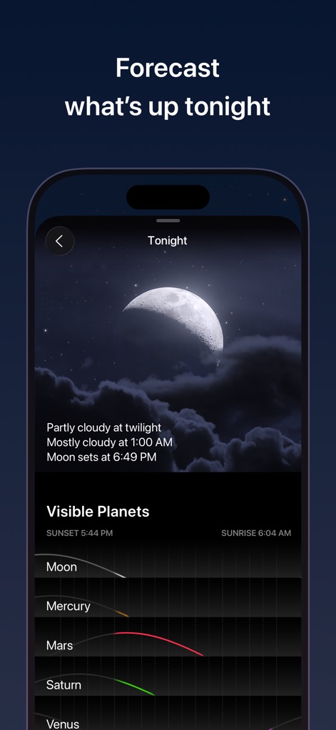 Sky Guide - La función "Tonight" ofrece una previsión detallada, mostrando la fase lunar y la cobertura de nubes, junto con un gráfico interactivo de los "Visible Planets" para la noche.