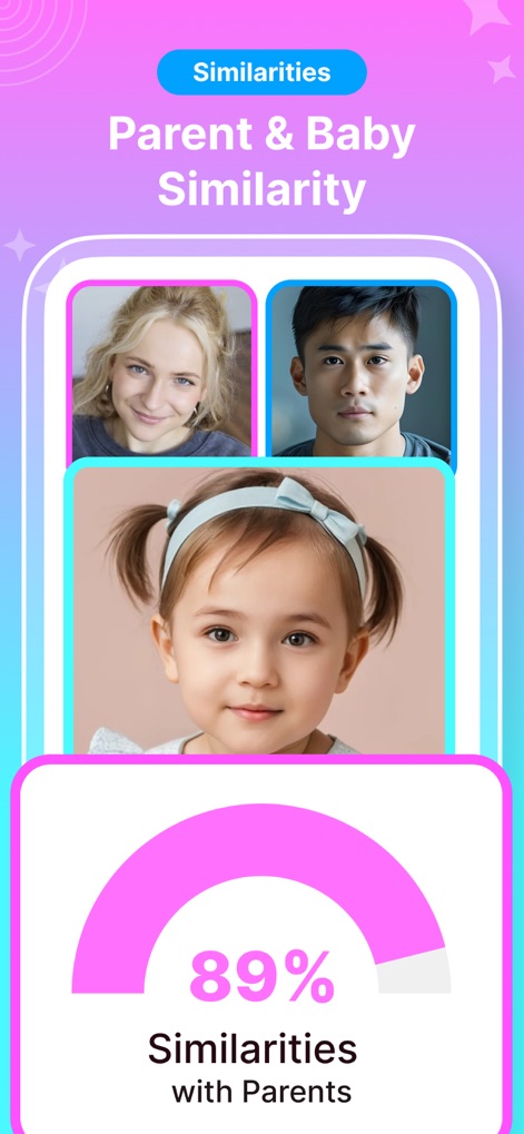 AI Baby Generator Baby Blend - The app provides a "Parent & Baby Similarity" score, visually representing the "89% Similarities with Parents" of the generated child.