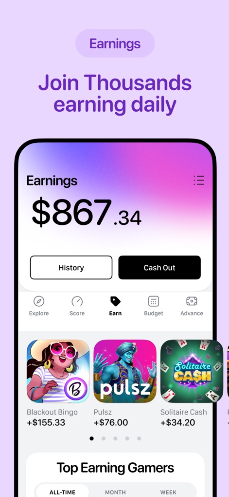 True Finance: Cash Advance - 이 화면은 사용자에게 $867.34의 누적 수입을 보여주며, Blackout Bingo와 같은 게임을 통해 현금을 벌 수 있는 다양한 기회를 제공하여 부수입을 창출하도록 돕습니다.