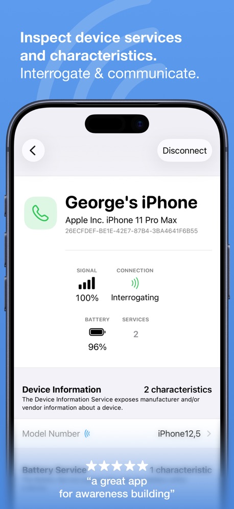 Bluetooth Inspector App Store screenshot 2, headline “Inspect device services and characteristics.”. Low contrast words.