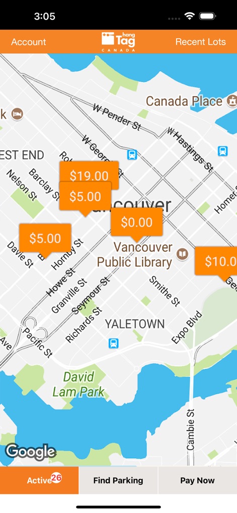 hangTag: Park & Go - Users can easily locate parking spots on an interactive map, complete with dynamic pricing overlays for various locations.