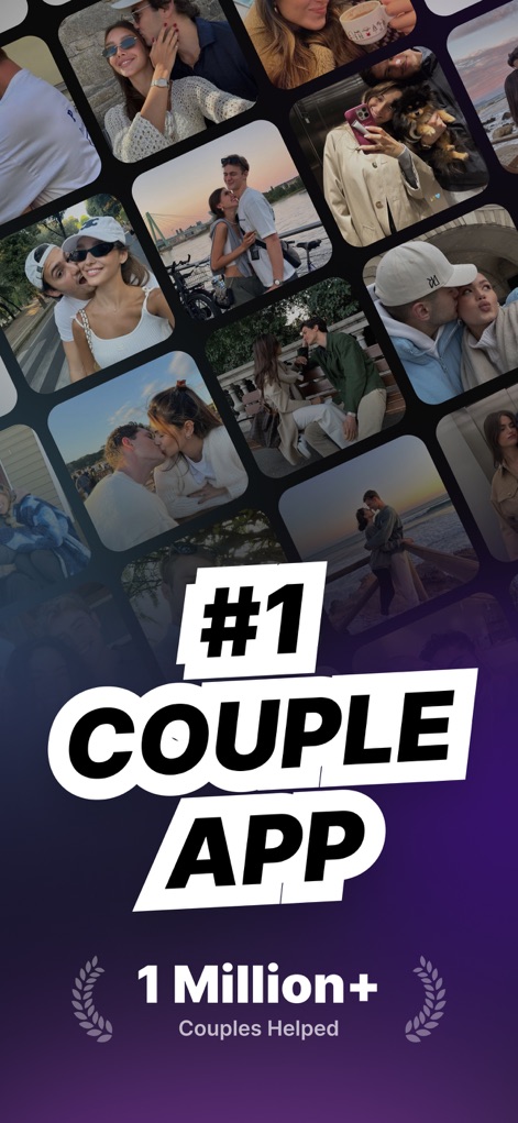 Loverzz: Couples App & Widgets - This initial view highlights the app's popularity with "1 Million+ Couples Helped" and showcases diverse couple photos, emphasizing its broad user base.