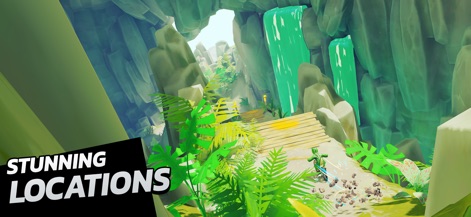 Touchgrind BMX 3: Rivals - The app presents visually rich 'STUNNING LOCATIONS' featuring intricate landscapes and dynamic elements like waterfalls, offering immersive gameplay backdrops.