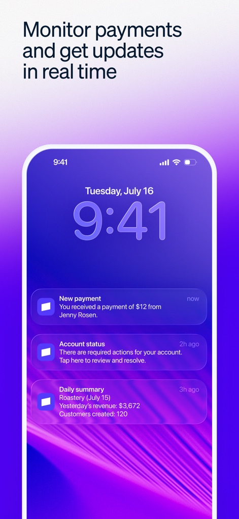 Stripe Dashboard - Los usuarios reciben actualizaciones en tiempo real a través de notificaciones push, como un 'Nuevo pago' recibido o un 'Resumen diario' que incluye los ingresos y el número de nuevos clientes.